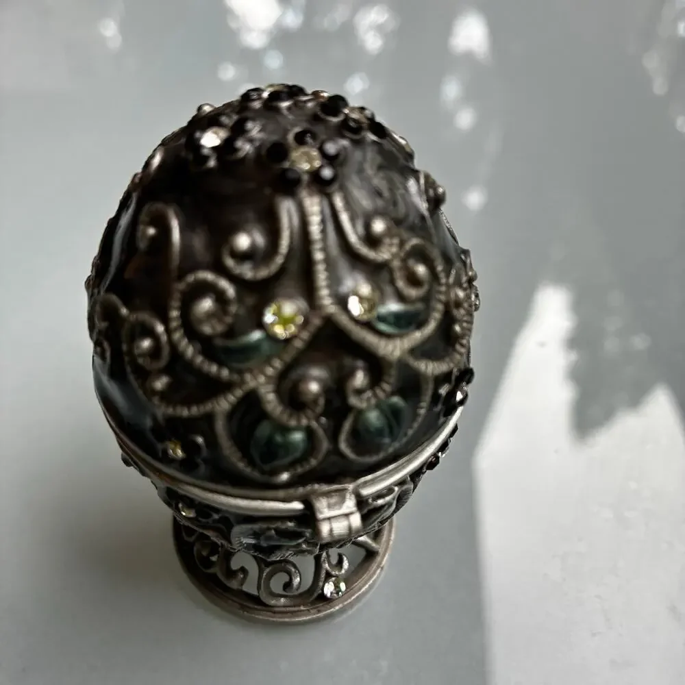 Vintage Jeweled Egg Trinket Box Hinged Pewter Rhinestone Decorative Keepsake